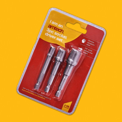 Amtech I5700 Socket Driver Set, Hex Extension Adapter, 3 Piece 1/4", 3/8" and 1/2", For Impact Driver