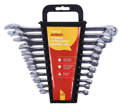 Amtech K0425 Combination Spanner Set, 11 Pieces Chrome Plated, Corrosion Resistant, Supplied with Storage Rack, 6mm-19mm