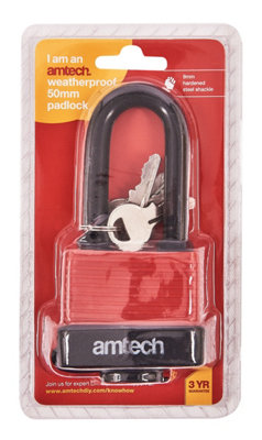 Amtech T0765 50mm Long Shackle Weatherproof Padlock, Outdoor Padlock ...