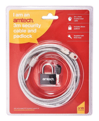 Amtech T1695 300cm (120") x 4mm security cable with padlock