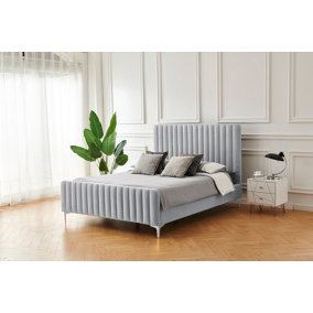 Amy Light Grey Velvet Double 4FT 6 Lined Designed Headboard & Footboard Bed Frame With Silver Legs