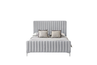 Amy Light Grey Velvet King Size 5FT Lined Designed Headboard & Footboard Bed Frame With Silver Legs