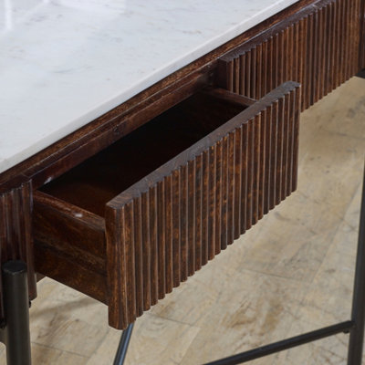 Ancient Mango Wood Console Table With Marble Top And Metal Legs