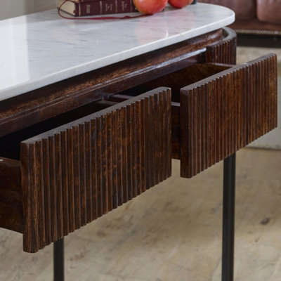 Ancient Mango Wood Console Table With Marble Top And Metal Legs