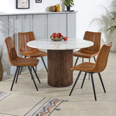 Bulli Round Marble Top Farmhouse Dining Table with Log Wood Base - 120cm