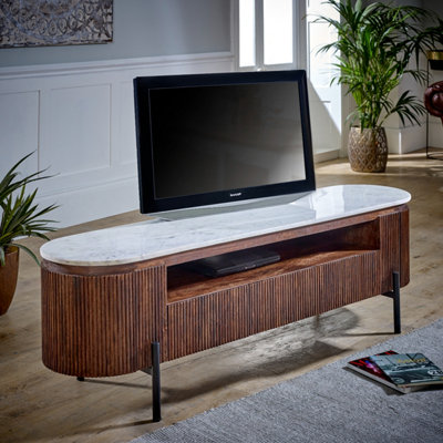 Ancient Mango Wood Large Tv Stand With Marble Top & Metal Legs