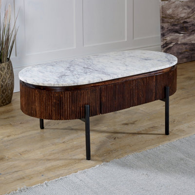 Ancient Mango Wood Rectangular Fluted Coffee Table With Marble Top & Metal Legs