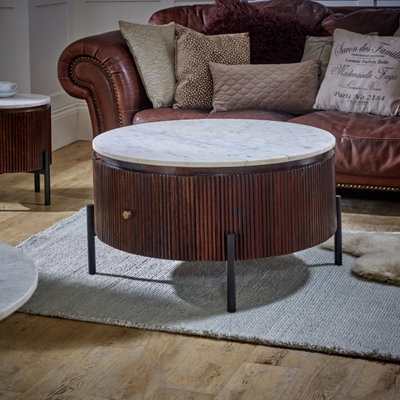 Ancient Mango Wood Round Fluted Coffee Table With Marble Top & Metal Legs