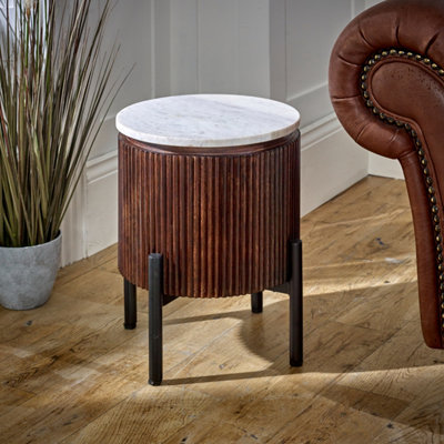 Ancient Mango Wood Side Table With Marble Top & Metal Legs