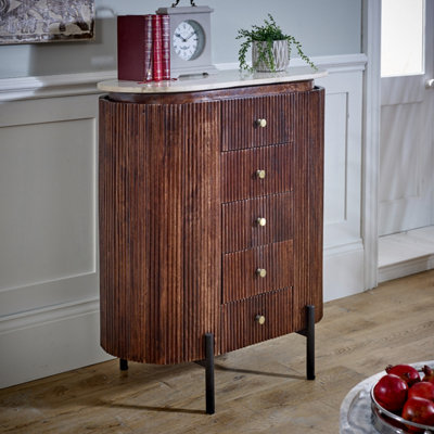 Ancient Mango Wood Wide Chest Of Drawers with Marble Top & Metal Legs