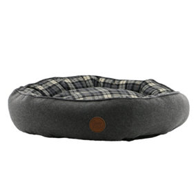 Ancol Black and Grey Tartan Donut Dog Bed Soft Machine Washable Non Slip Base Pet Puppy Cushion 70cm