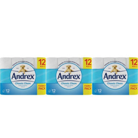 Andrex Toilet Tissue Classic Clean 12 Rolls x 3