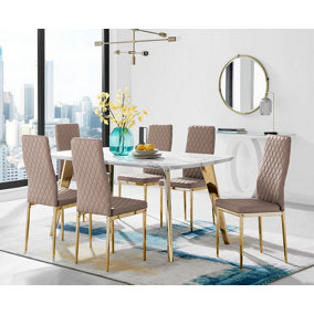 Andria Marble Effect Black Leg 6 Seater Dining Table with Gold Leg Beige Faux Leather Milan Chairs For Luxury Modern Dining Room