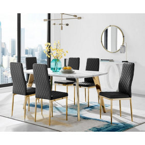 Andria Marble Effect Black Leg 6 Seater Dining Table with Gold Leg Black Faux Leather Milan Chairs For Luxury Modern Dining Room