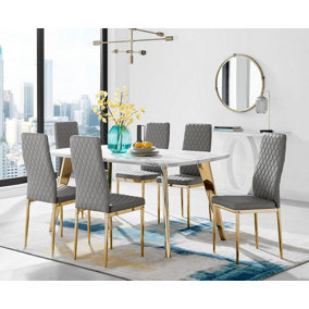 Andria Marble Effect Black Leg 6 Seater Dining Table with Gold Leg Grey Faux Leather Milan Chairs For Luxury Modern Dining Room