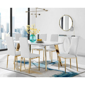 Andria Marble Effect Black Leg 6 Seater Dining Table with Gold Leg White Faux Leather Milan Chairs For Luxury Modern Dining Room