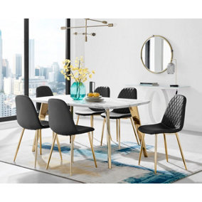 ANDRIA White Marble Effect & Gold Leg Dining Table & 6 Black Corona Gold Leg Faux Leather Chairs