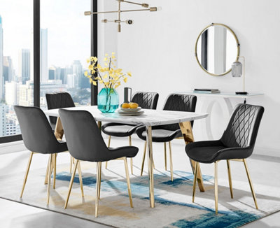 ANDRIA White Marble Effect & Gold Leg Dining Table & 6 Black Pesaro Gold Leg Velvet Dining Chairs