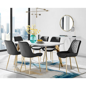 ANDRIA White Marble Effect & Gold Leg Dining Table & 6 Black Pesaro Gold Leg Velvet Dining Chairs