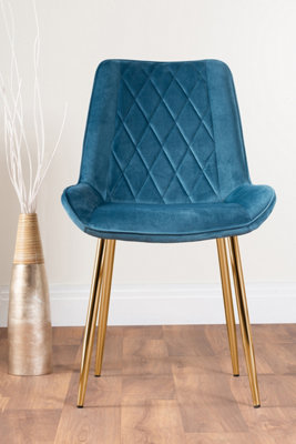 ANDRIA White Marble Effect & Gold Leg Dining Table & 6 Blue Pesaro Gold Leg Velvet Dining Chairs