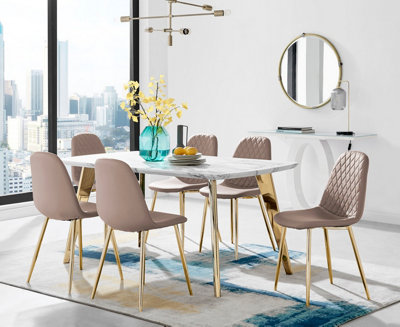 ANDRIA White Marble Effect & Gold Leg Dining Table & 6 Cappuccino Beige Corona Gold Leg Faux Leather Chairs