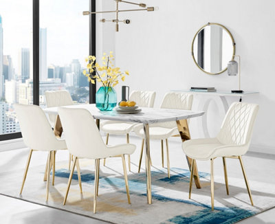 ANDRIA White Marble Effect & Gold Leg Dining Table & 6 Cream Pesaro Gold Leg Velvet Dining Chairs