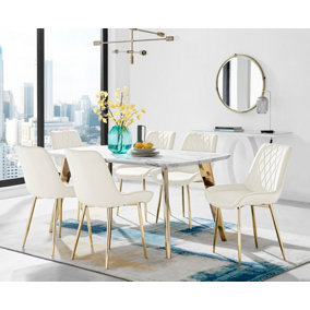 ANDRIA White Marble Effect & Gold Leg Dining Table & 6 Cream Pesaro Gold Leg Velvet Dining Chairs