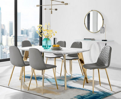 ANDRIA White Marble Effect & Gold Leg Dining Table & 6 Elephant Grey Corona Gold Leg Faux Leather Chairs