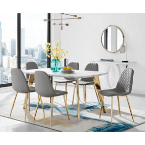 ANDRIA White Marble Effect & Gold Leg Dining Table & 6 Elephant Grey Corona Gold Leg Faux Leather Chairs