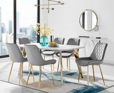 ANDRIA White Marble Effect & Gold Leg Dining Table & 6 Grey Pesaro Gold Leg Velvet Dining Chairs