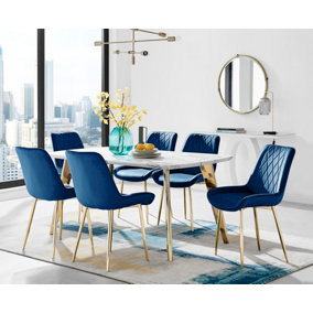 ANDRIA White Marble Effect & Gold Leg Dining Table & 6 Navy Pesaro Gold Leg Velvet Dining Chairs