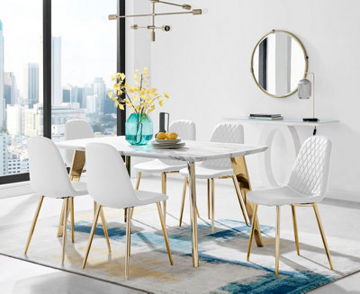 ANDRIA White Marble Effect & Gold Leg Dining Table & 6 White Corona Gold Leg Faux Leather Chairs