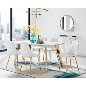 ANDRIA White Marble Effect & Gold Leg Dining Table & 6 White Corona Gold Leg Faux Leather Chairs