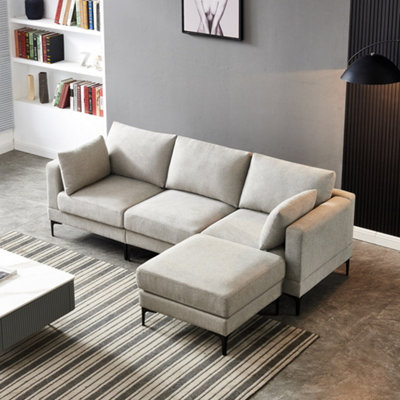 ANEK 3 Seater Grey Fabric Sofa with Ottoman and Pillows
