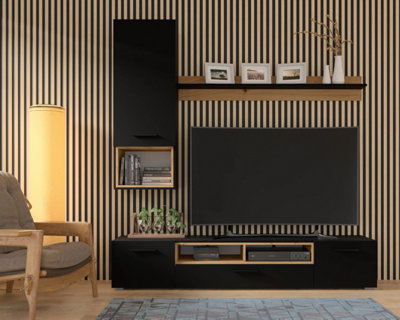 Anette A -  Stylish Black Three Piece Entertainment Unit (H1650mm W1980mm D430mm) with Versatile Storage and Oak Accents