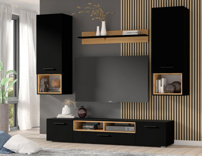 Anette B - Modern Four Piece Living Room Set (H1650mm W1980mm D430mm)  Entertainment Unit in Sleek Black with Oak Effect Accents