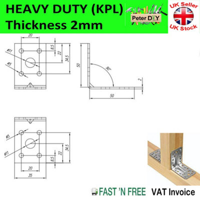 ANGLE BRACKET 2mm Thick HEAVY DUTY Corner Reinforced Galvanised Zinc Plated 50x50 Width 35mm Pack of: 10