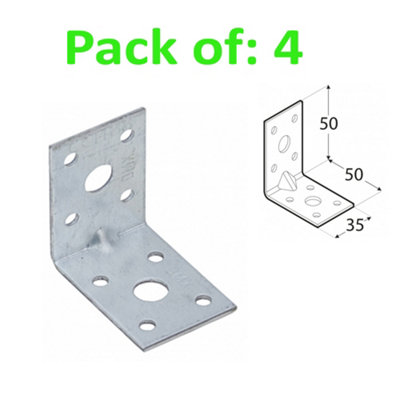 ANGLE BRACKET 2mm Thick HEAVY DUTY Corner Reinforced Galvanised Zinc Plated 50x50 Width 35mm Pack of: 4