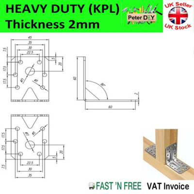 ANGLE BRACKET 2mm Thick HEAVY DUTY Corner Reinforced Galvanised Zinc Plated 60x60 Width 45mm Pack of: 20
