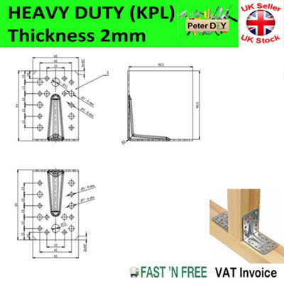 ANGLE BRACKET 2mm Thick HEAVY DUTY Corner Reinforced Galvanised Zinc Plated 90x90 Width 65mm Pack of: 10