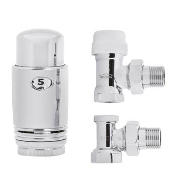 Angled Chrome Adjustable Thermostatic Radiator Valves Pack 1/2" BSP 15mm Lockshield