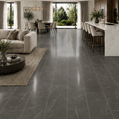 Anglo Flooring Marbra Anthracite, Gloss Dark Grey Marble Tile Effect ...