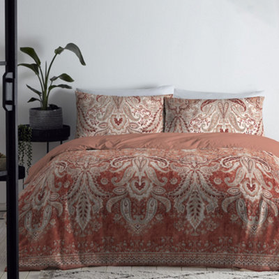 Anika Paisley Print Terracotta Velvet Duvet Cover Set