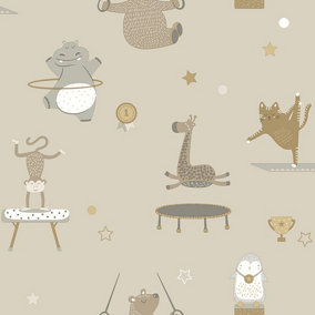 Animal Gymnastic Beige Children's Wallpaper