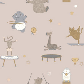 Animal Gymnastics Pink Children's Wallpaper