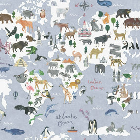 Animal Maps Blue Children's Wallpaper