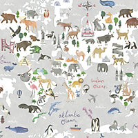 Animal Maps Grey Children's Wallpaper