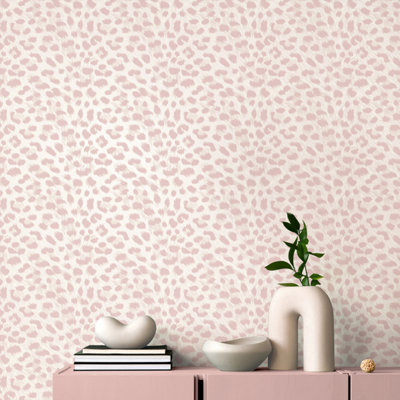 Animal Print Wallpaper Pink White Fur Effect Leopard Spots Modern Feature Wall