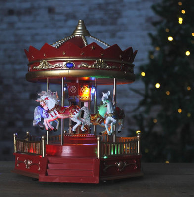 Animated Musical Carousel Christmas Carol Church Village Scene Christmas Ornament Decoration With Colour Changing LED