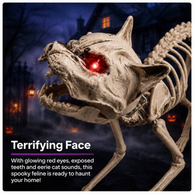 Animatronic Skeleton Cat Halloween Decoration, Light Up Eyes & Sound